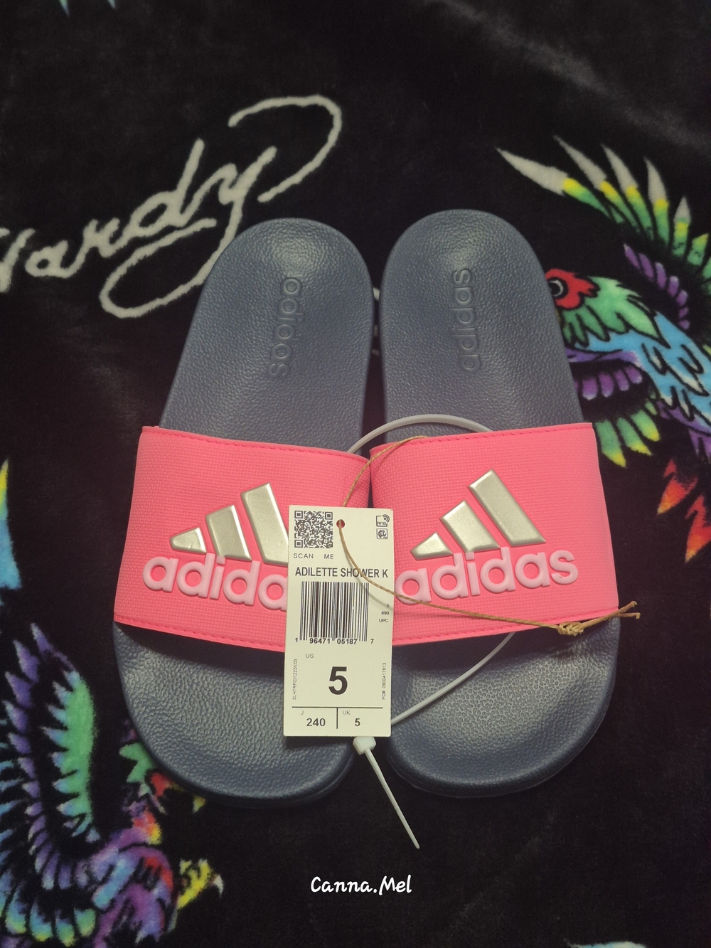 Adidas Adilette Shower Slides - Pink Strap, Navy Footbed (Size 5)